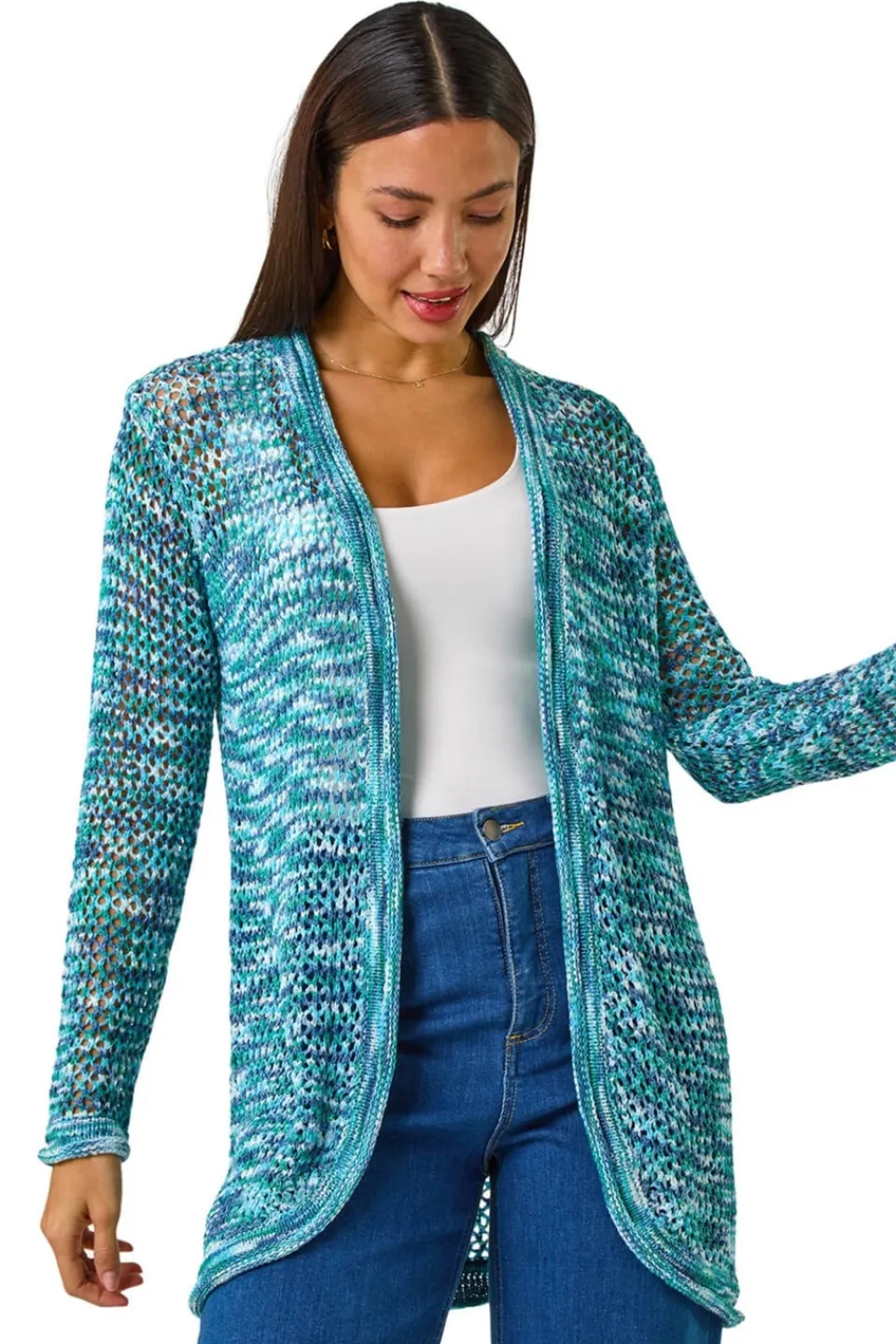 Tops>Roman Turquoise Spacedye Lightweight Knit Cardigan