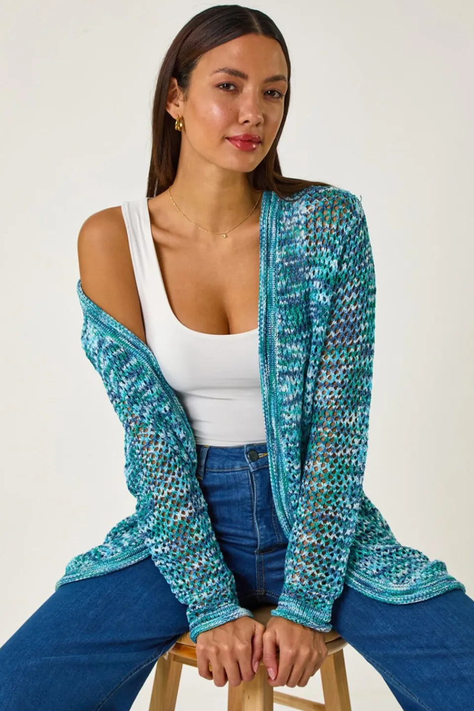 Tops>Roman Turquoise Spacedye Lightweight Knit Cardigan
