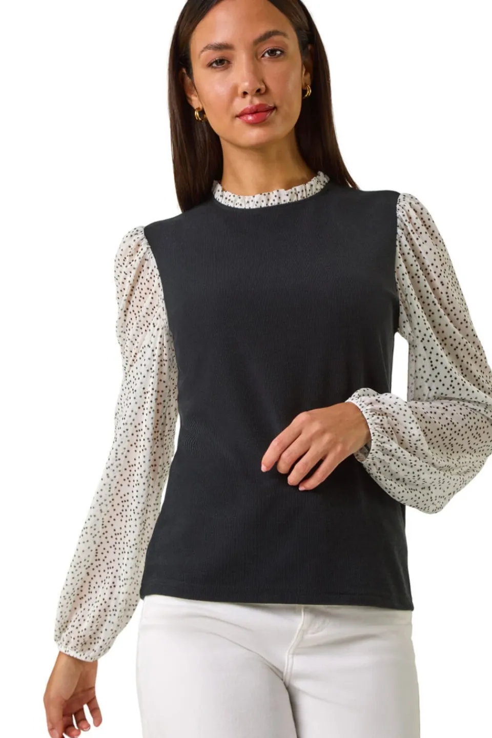 Tops>Roman White 2 in 1 Polka Dot Mesh Top