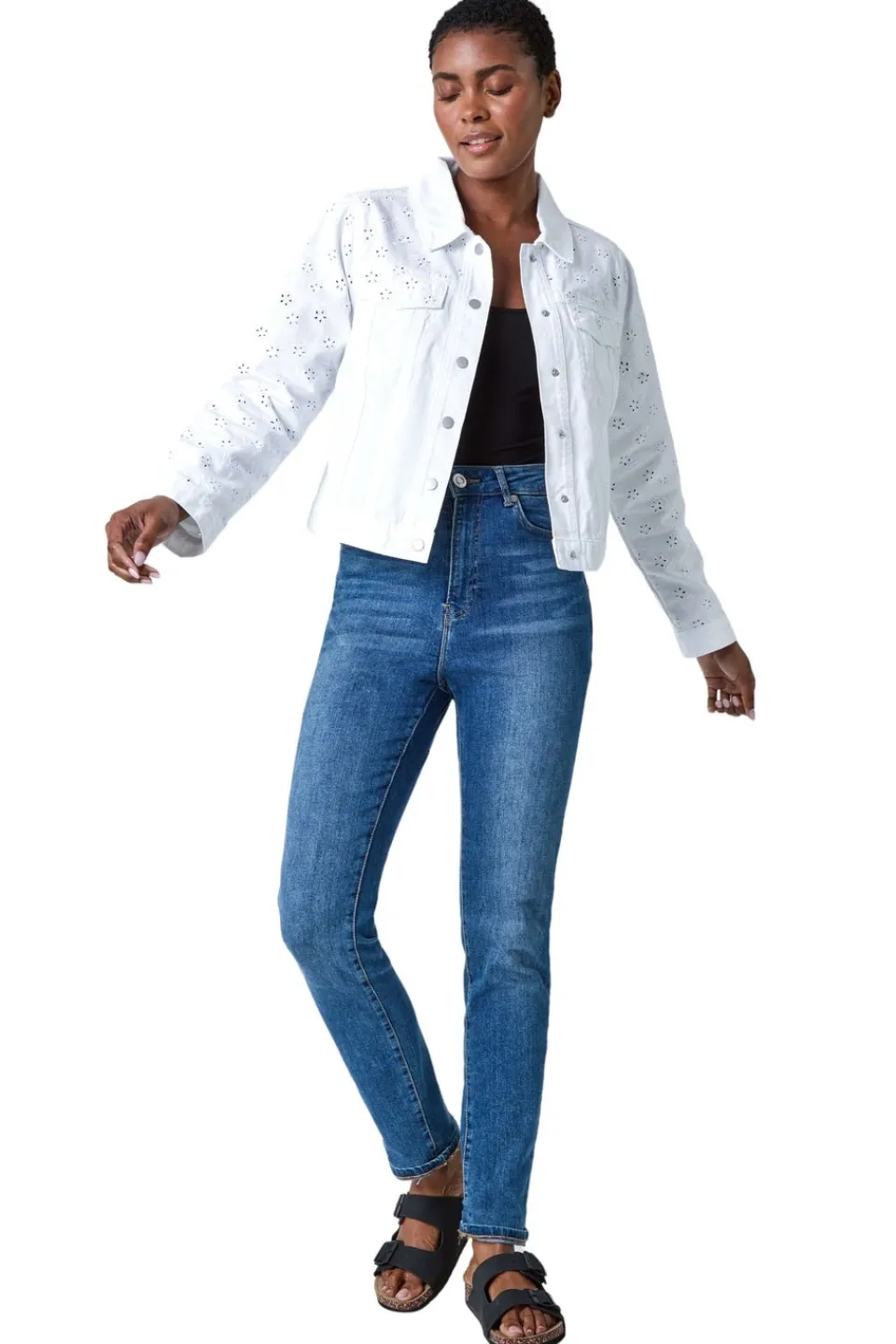 Coats & Jackets>Roman White Cotton Blend Broderie Sleeve Jacket