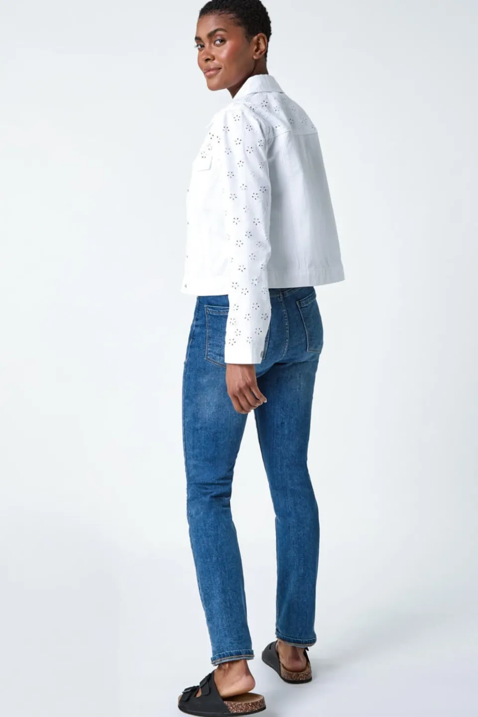 Coats & Jackets>Roman White Cotton Blend Broderie Sleeve Jacket
