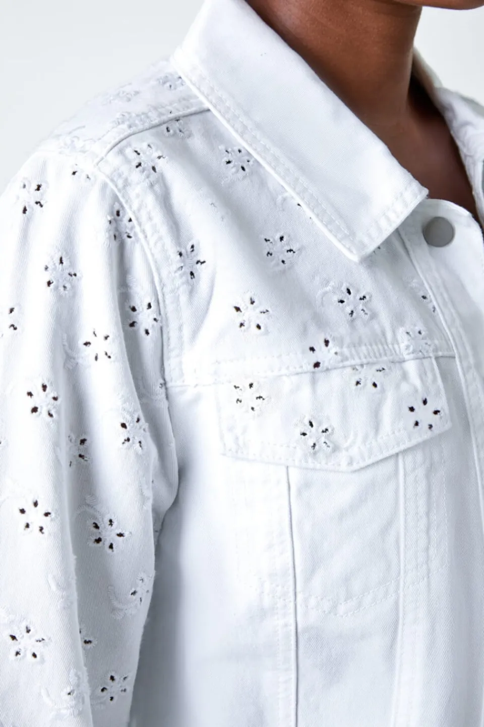 Coats & Jackets>Roman White Cotton Blend Broderie Sleeve Jacket