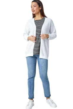 Tops>Roman White Cotton Blend Waffle Knit Cardigan