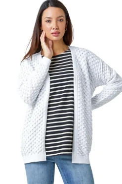 Tops>Roman White Cotton Blend Waffle Knit Cardigan