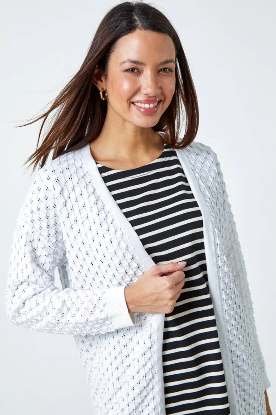 Tops>Roman White Cotton Blend Waffle Knit Cardigan