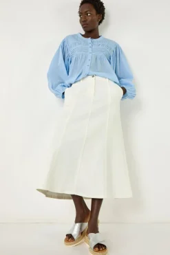 Skirts>Roman White Cotton Denim Panelled Midi Skirt