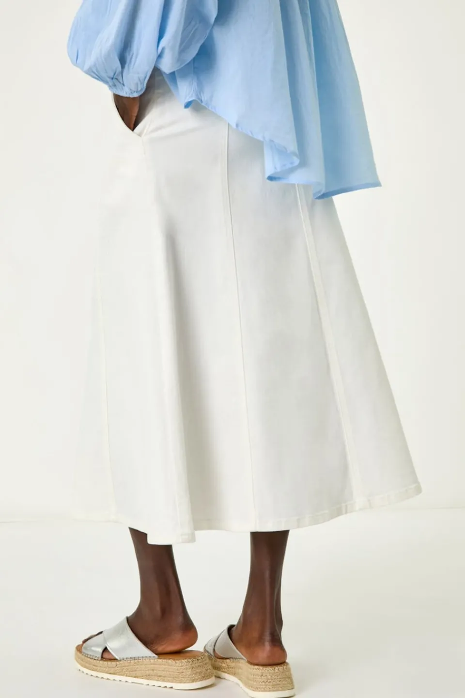 Skirts>Roman White Cotton Denim Panelled Midi Skirt