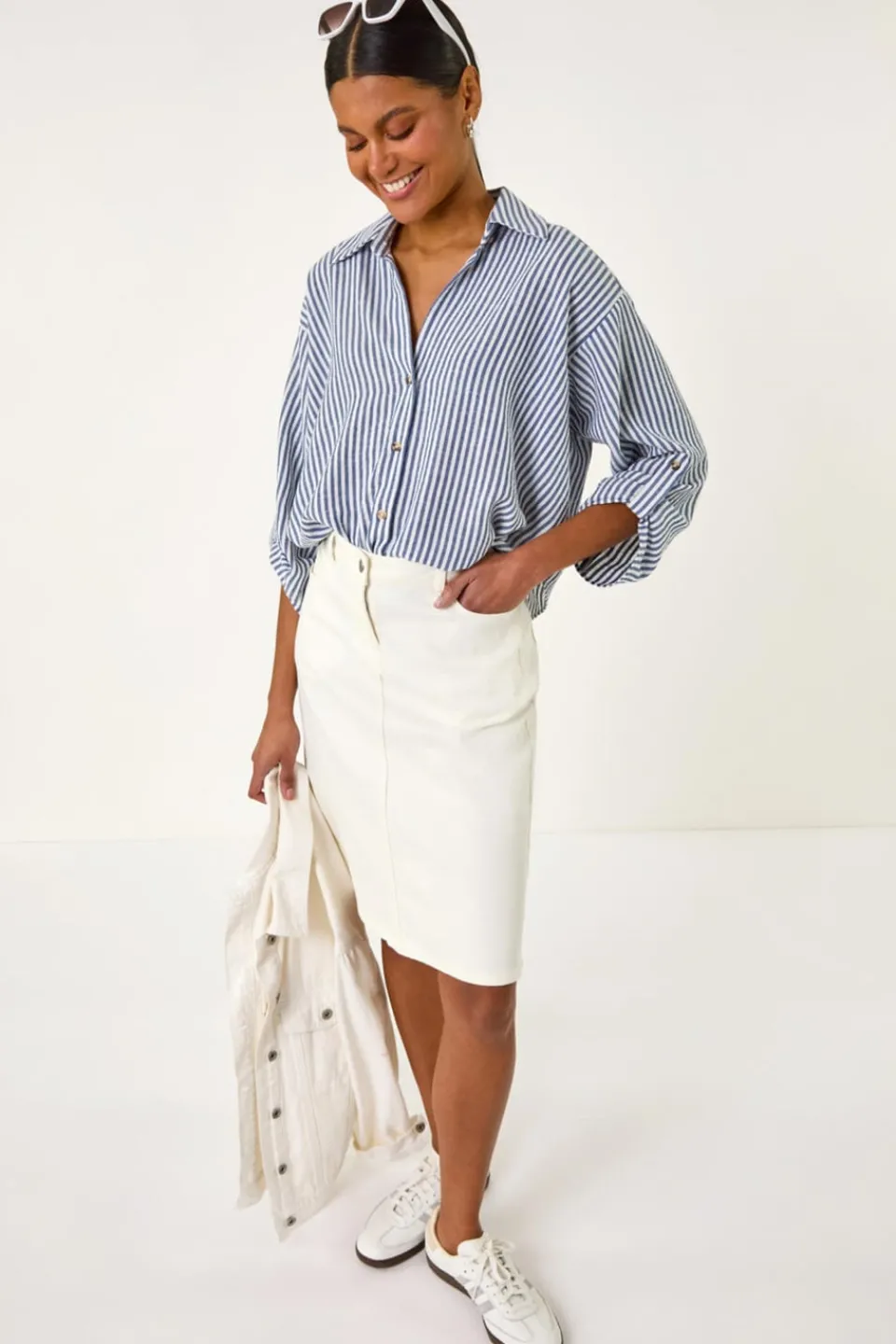 Skirts>Roman Cotton Denim Stretch A line Skirt White