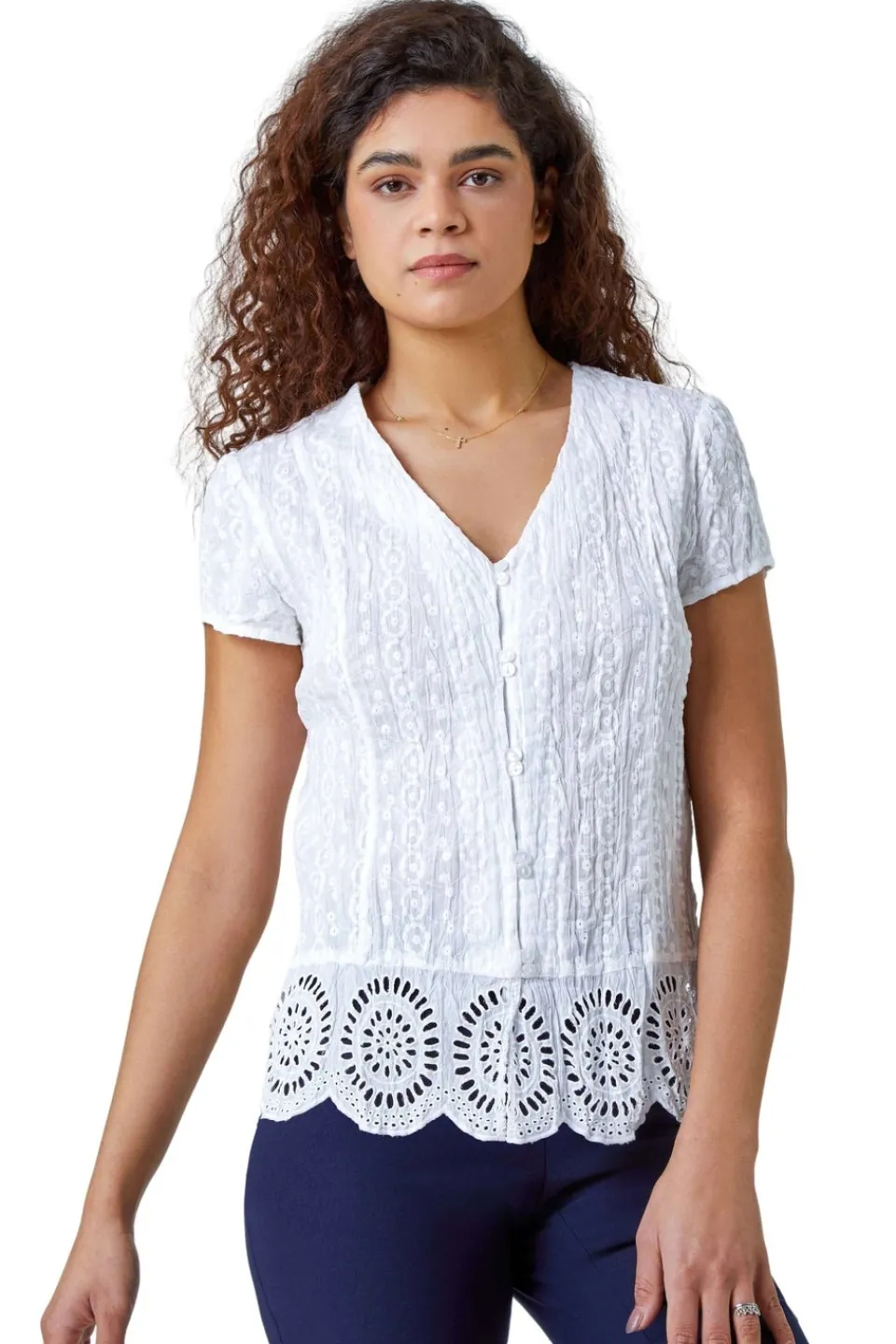 T-Shirts>Roman White Cotton Embroidered Crinkle Blouse