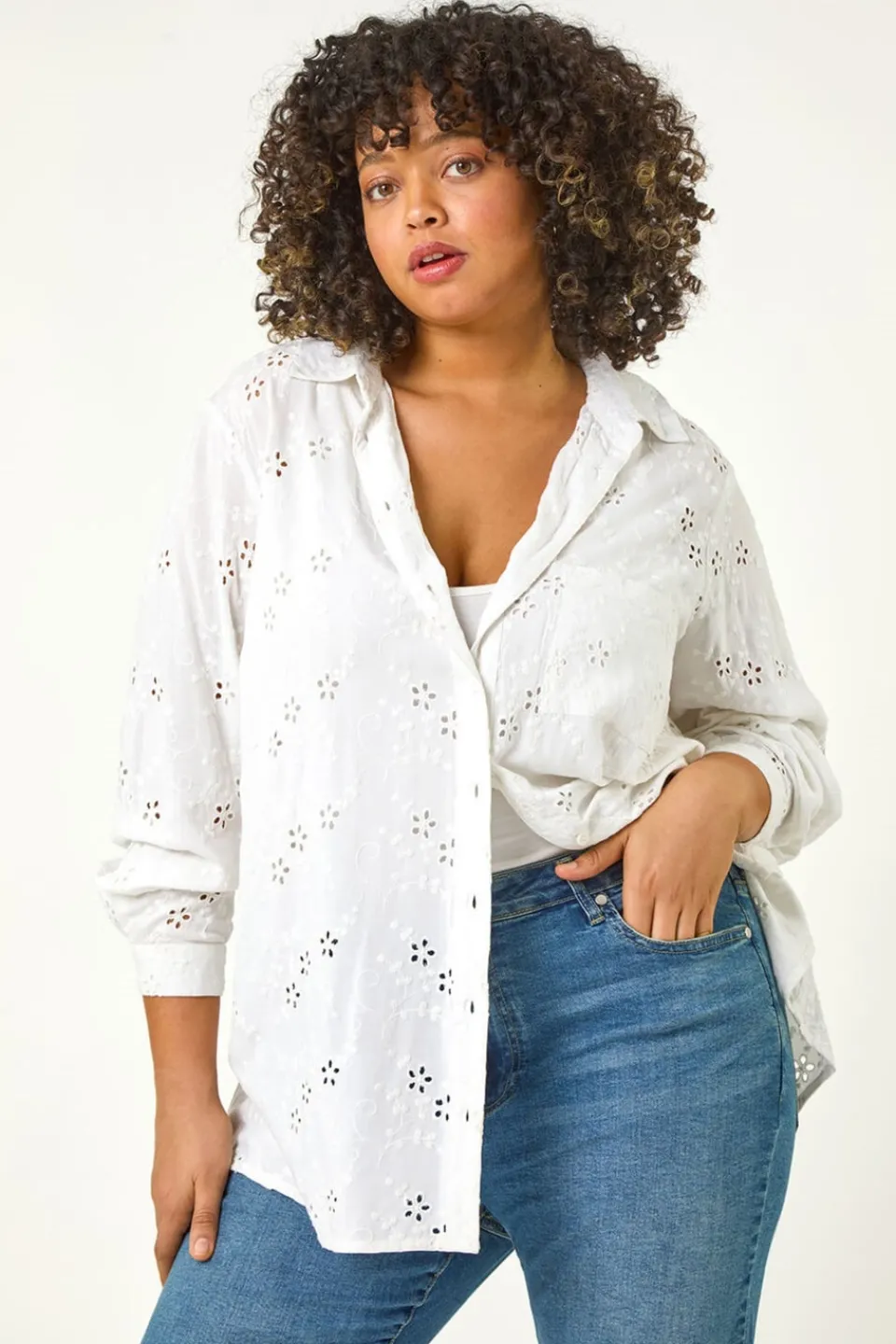 Tops>Roman White Curve Broderie Collared Shirt