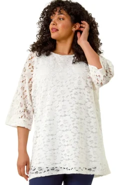 Tops>Roman White Curve Lace Front Stretch Top