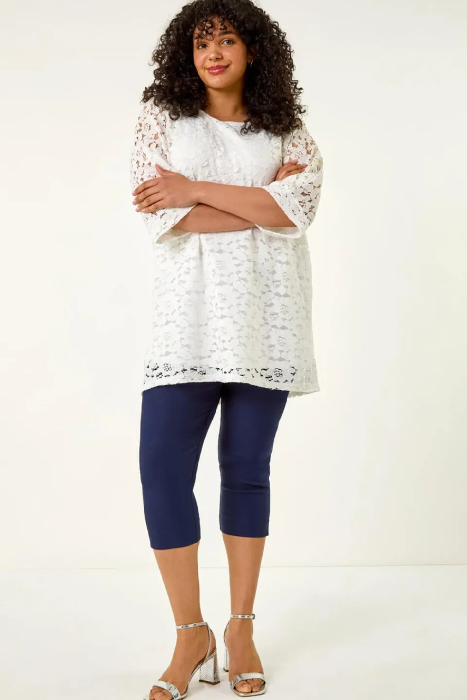 Tops>Roman White Curve Lace Front Stretch Top