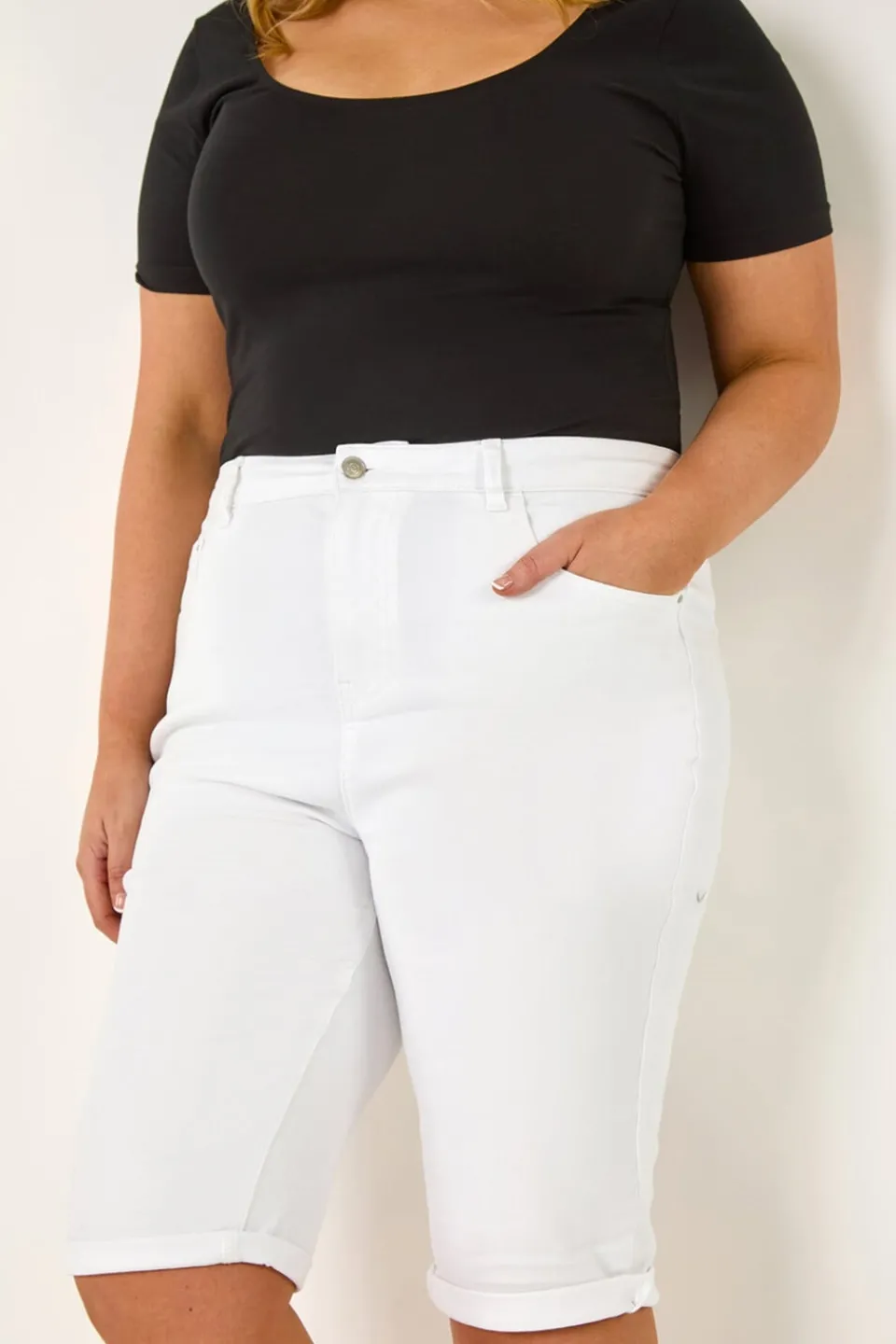 Shorts>Roman White Curve Stretch Knee Length Denim Shorts