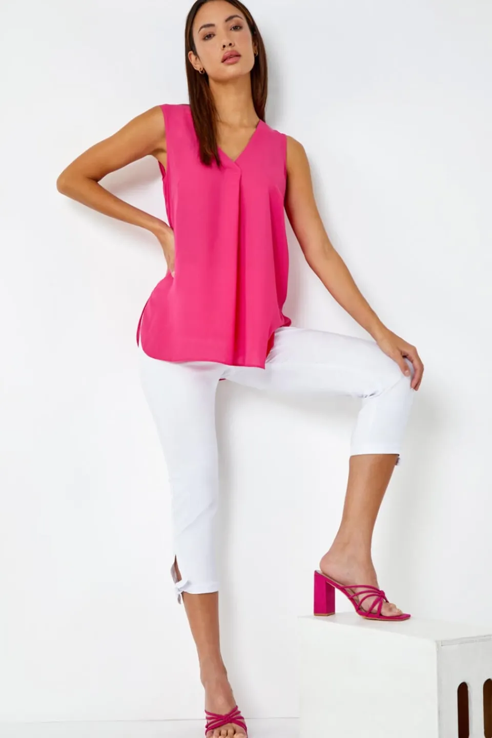 Trousers>Roman White Elastic Waist Tie Hem Cropped Trousers