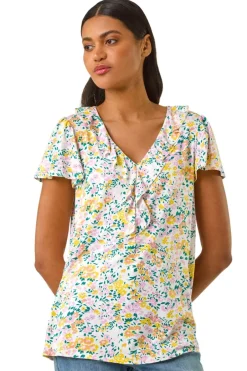 T-Shirts>Roman White Floral Print Ruffle V Neck Top