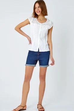T-Shirts>Roman White Lace Embroidered Crinkle Blouse Broderie Anglaise Cotton Top