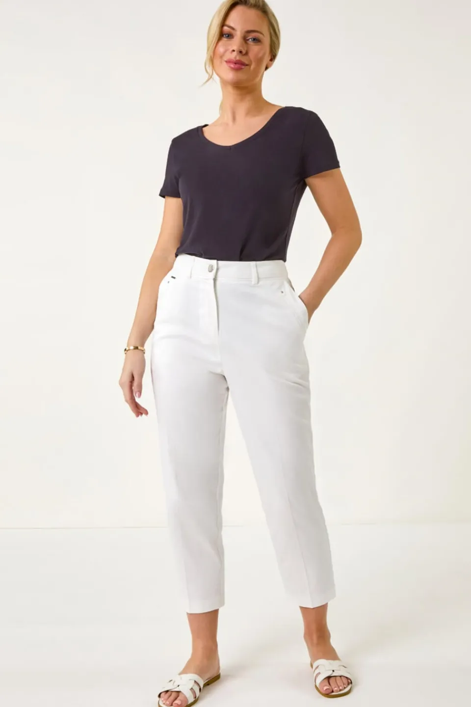 Trousers>Roman Petite Cotton Ankle Grazer Tapered Trousers White