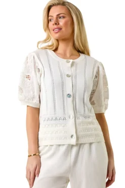 Tops>Roman White Petite Embroidered Sleeve Knit Cardigan