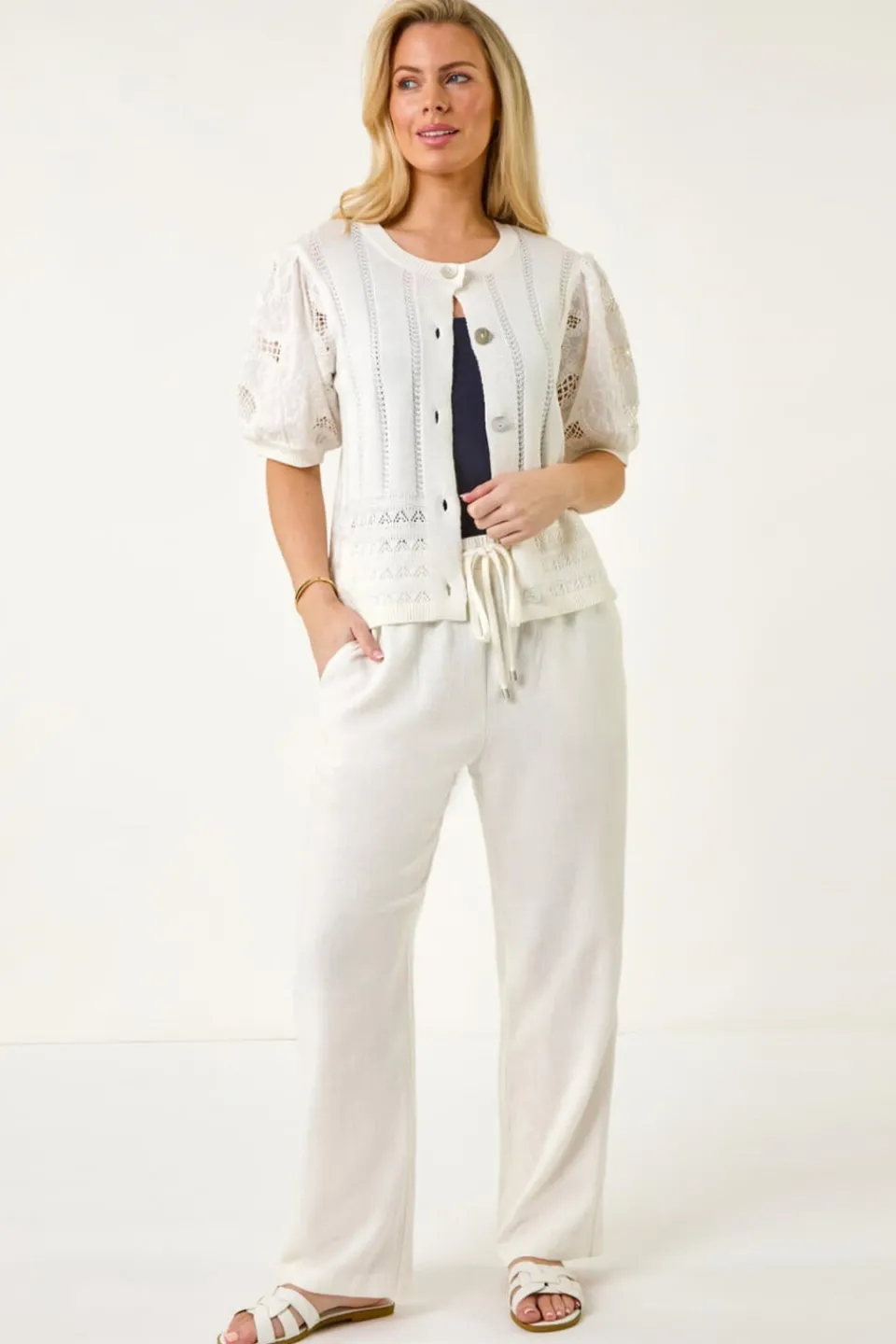 Tops>Roman White Petite Embroidered Sleeve Knit Cardigan
