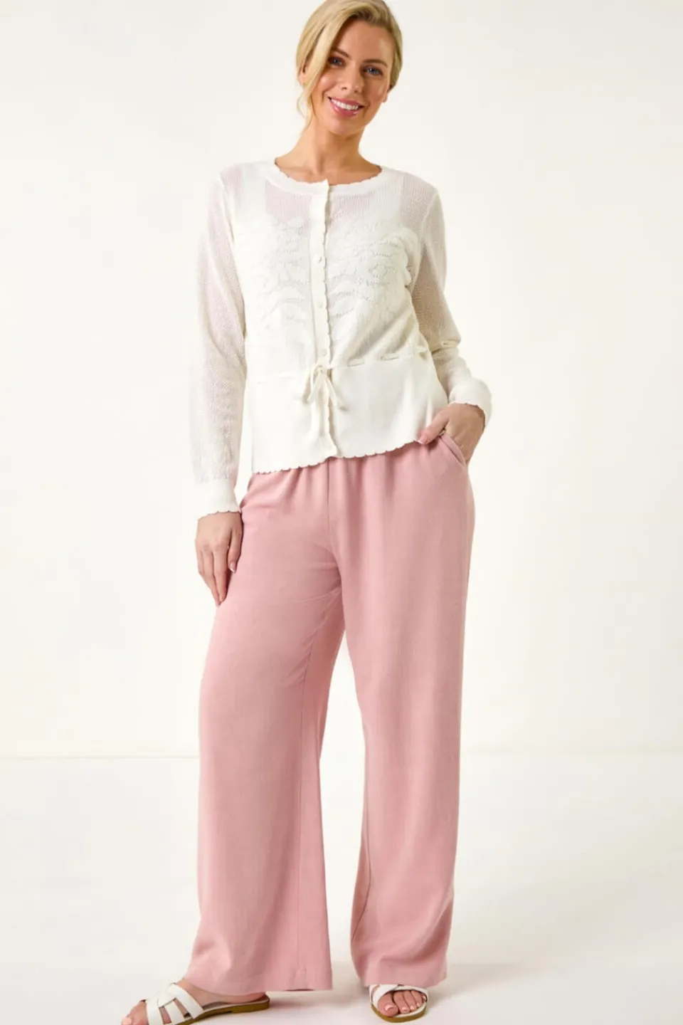 Tops>Roman White Petite Floral Button Up Cardigan