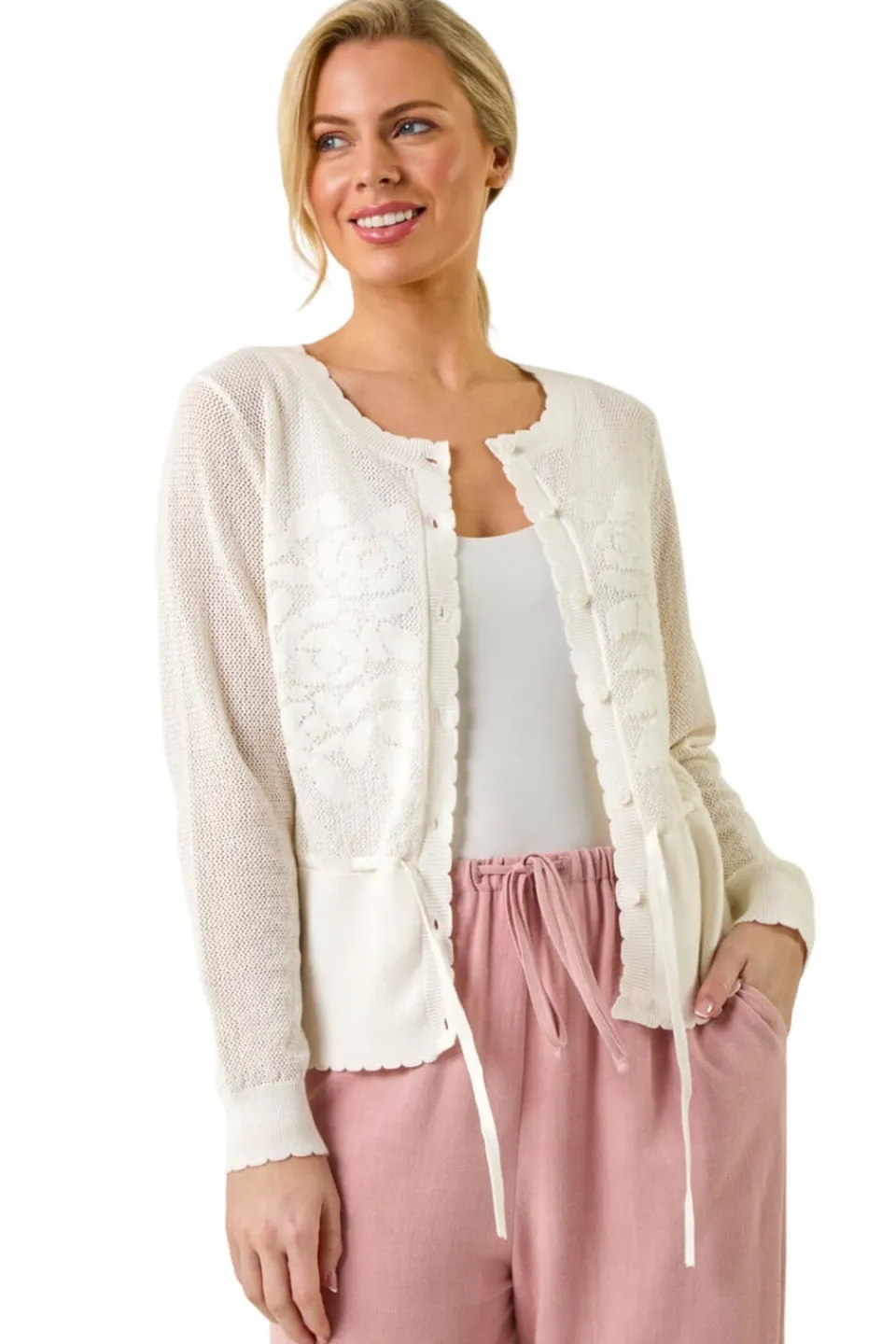 Tops>Roman White Petite Floral Button Up Cardigan