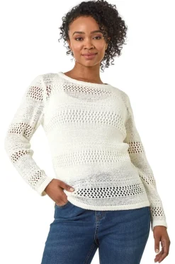 Tops>Roman White Petite Open Knit Jumper