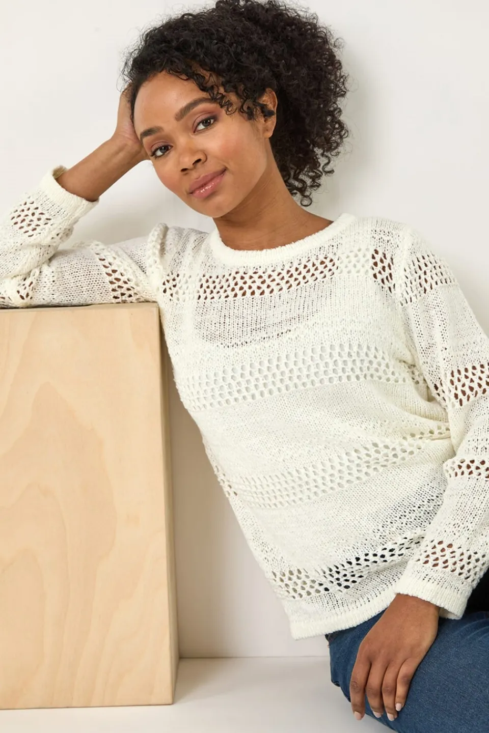 Tops>Roman White Petite Open Knit Jumper