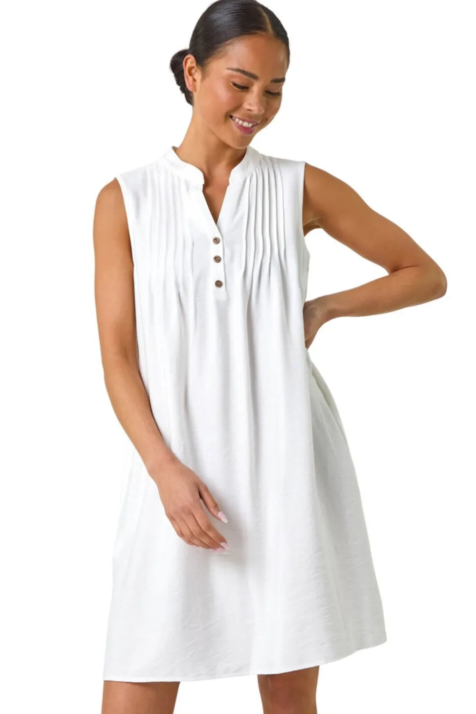 Dresses>Roman White Petite Pintuck Pocket Dress