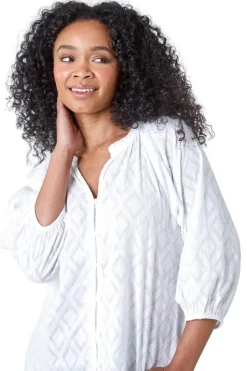 Tops>Roman White Petite Textured V Neck Cotton Blouse