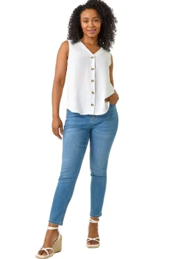 Tops>Roman White Petite V Neck Front Button Blouse