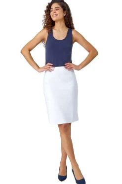 Skirts>Roman White Pull On Stretch Elastic Waist Pencil Skirt