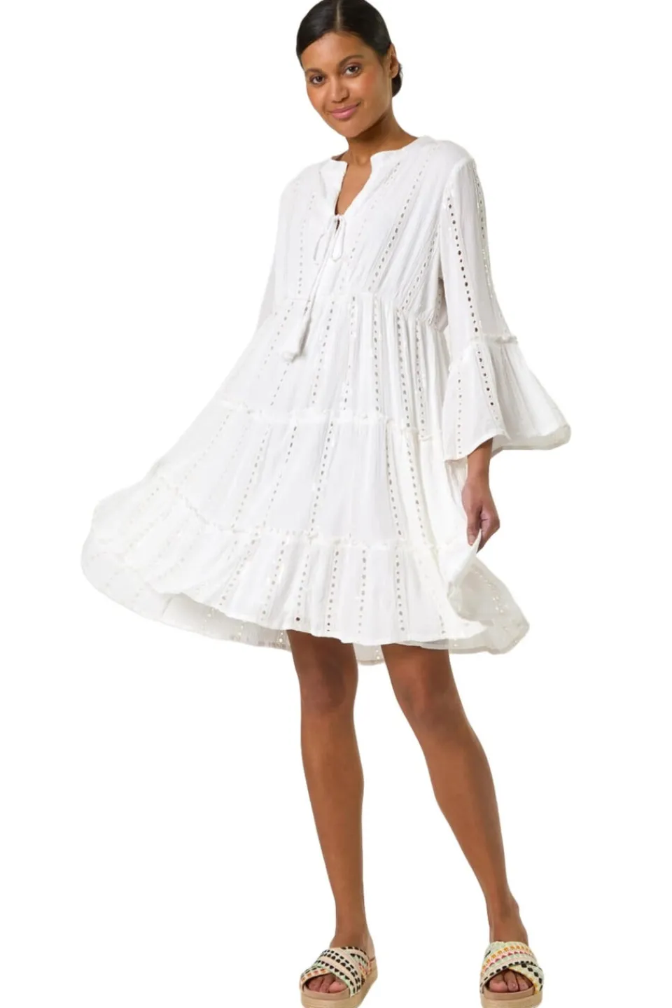 Dresses>Roman White Shimmer Tie Detail Smock Dress
