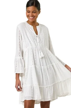 Dresses>Roman White Shimmer Tie Detail Smock Dress