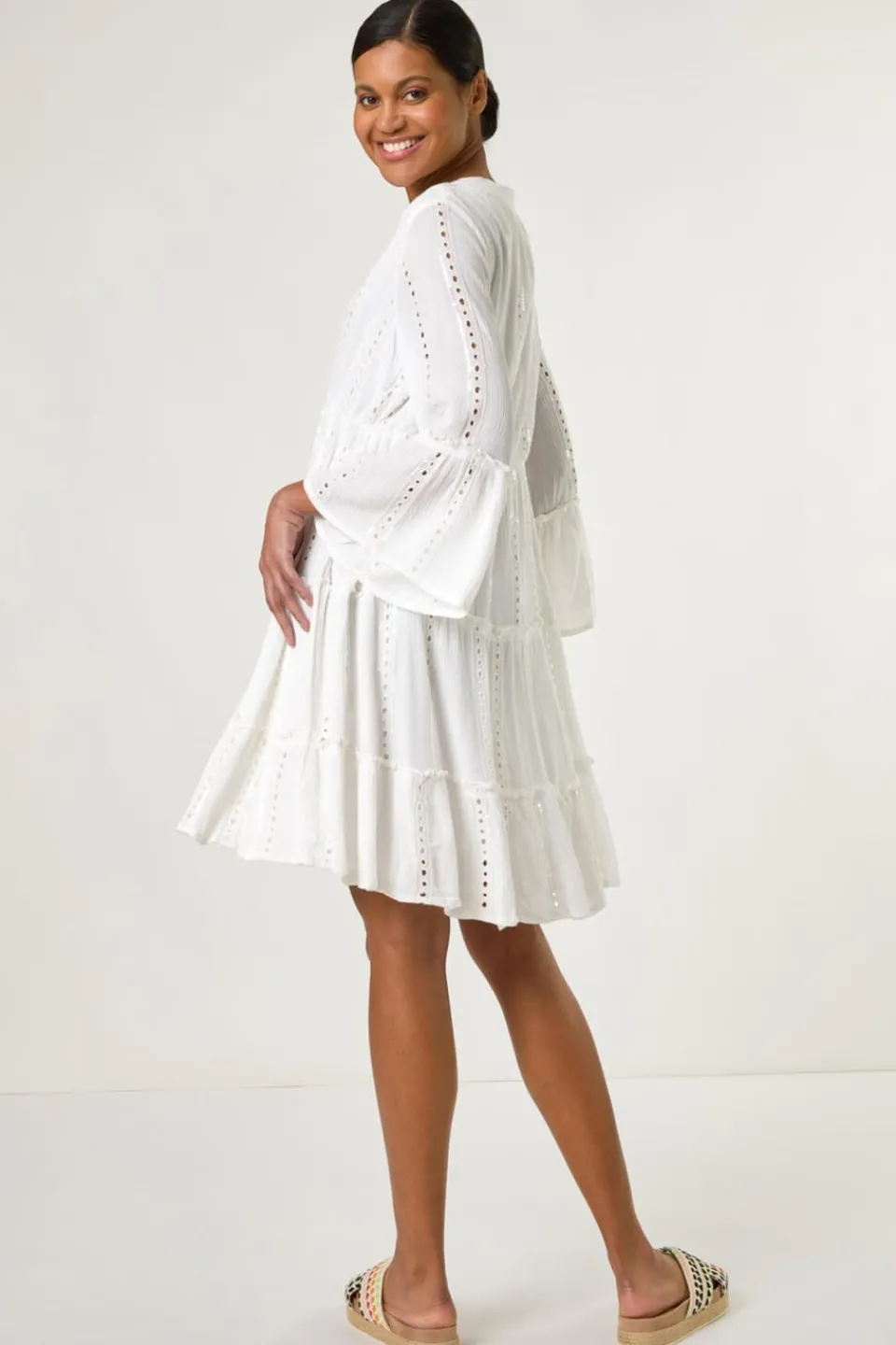 Dresses>Roman White Shimmer Tie Detail Smock Dress