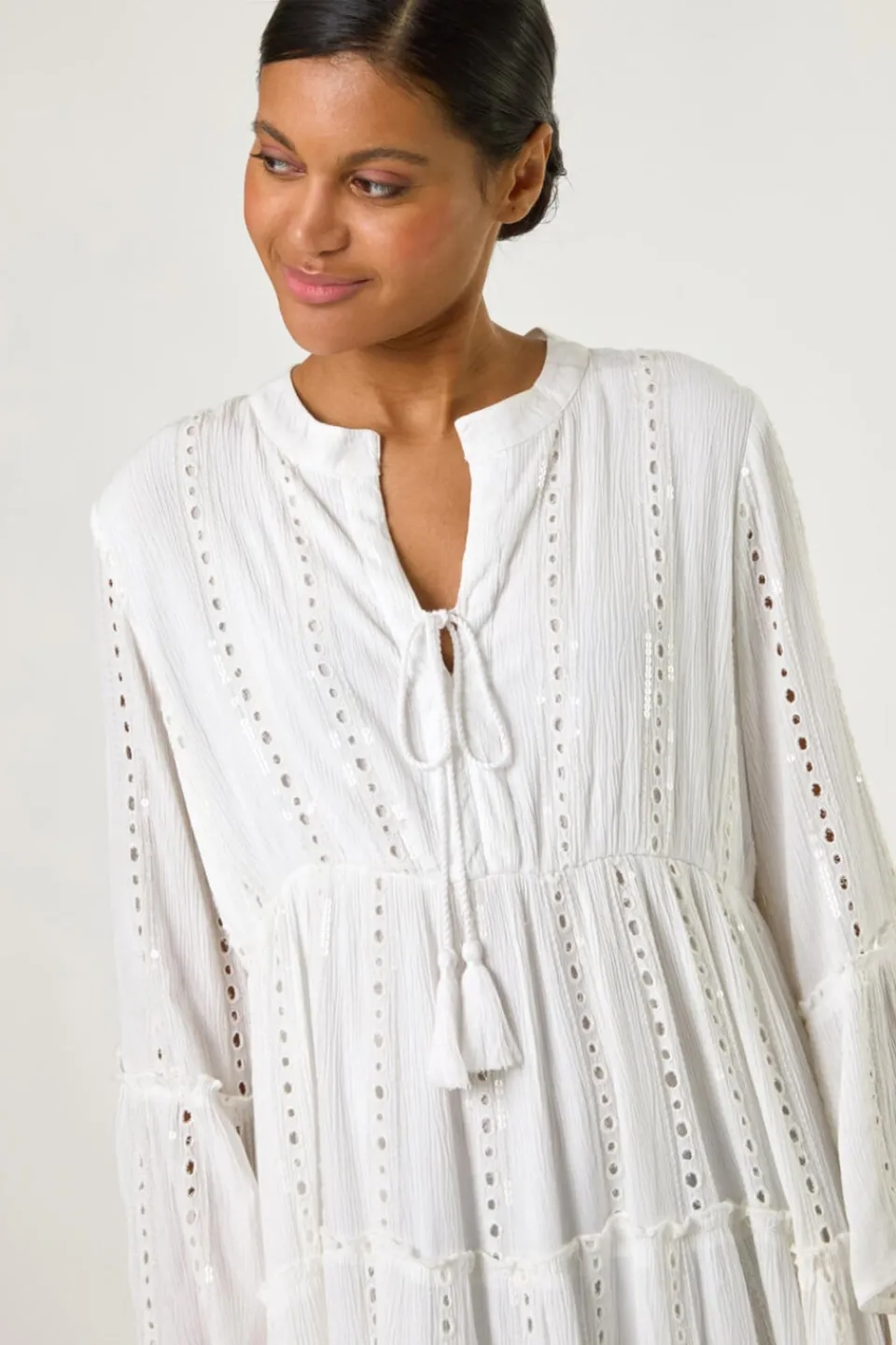 Dresses>Roman White Shimmer Tie Detail Smock Dress
