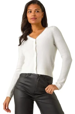 Tops>Roman Shimmer V-Neck Ribbed Cardigan White