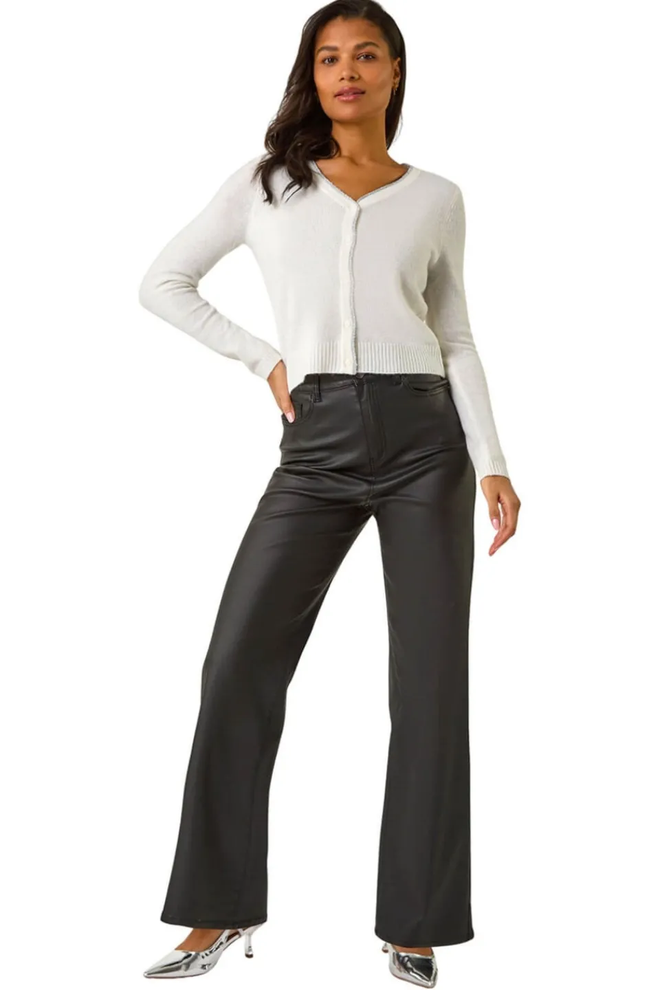 Tops>Roman Shimmer V-Neck Ribbed Cardigan White
