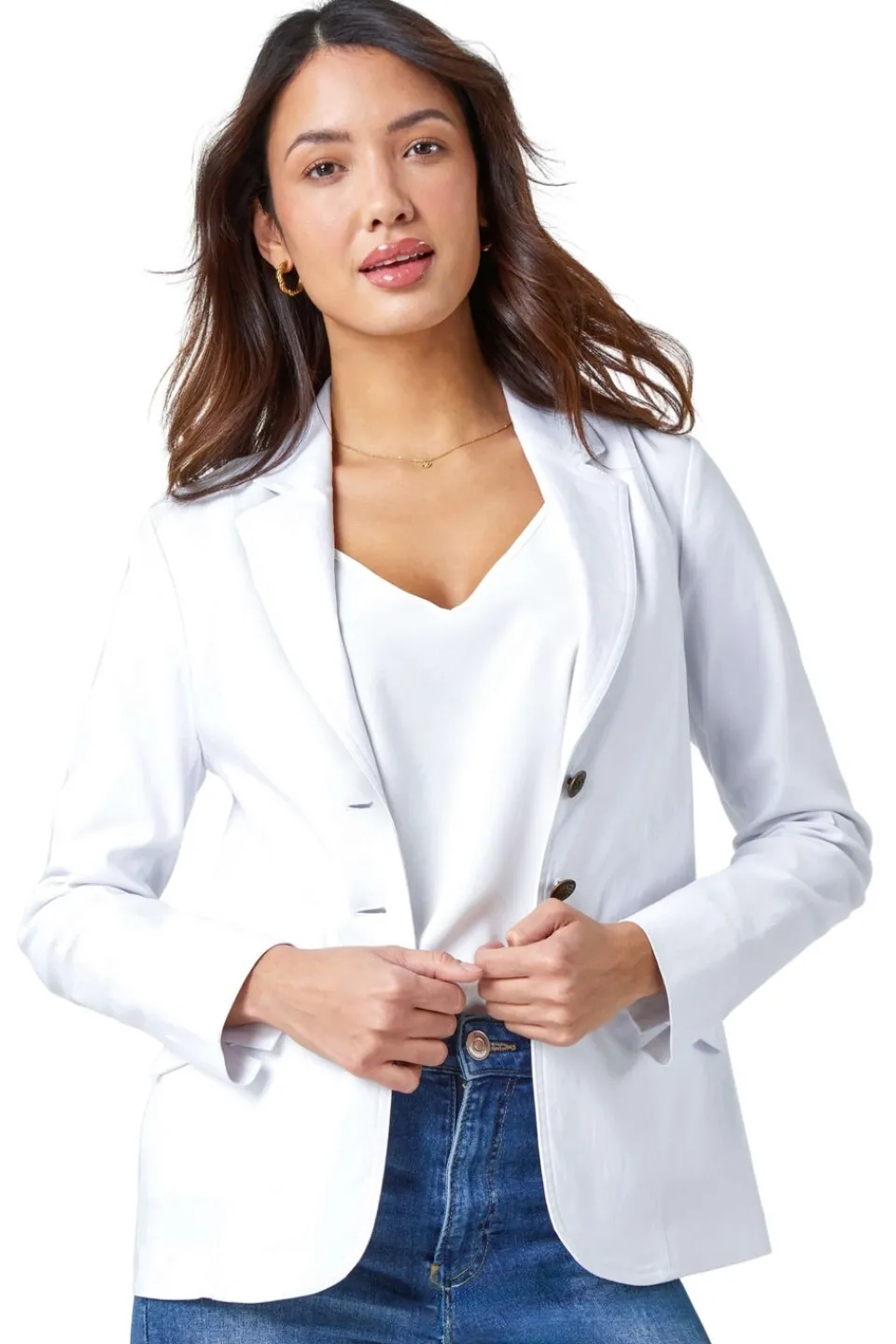 Coats & Jackets>Roman Stretch Button Detail Blazer White