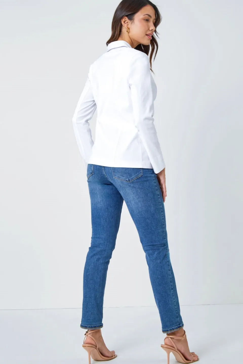 Coats & Jackets>Roman Stretch Button Detail Blazer White