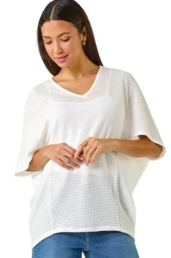 T-Shirts>Roman White Textured V-Neck Cocoon Stretch Top