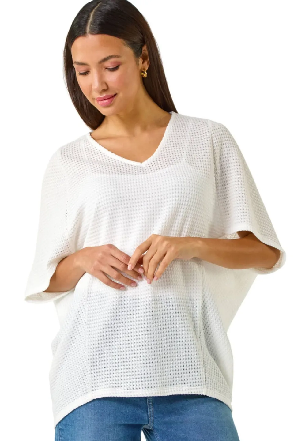 T-Shirts>Roman White Textured V-Neck Cocoon Stretch Top
