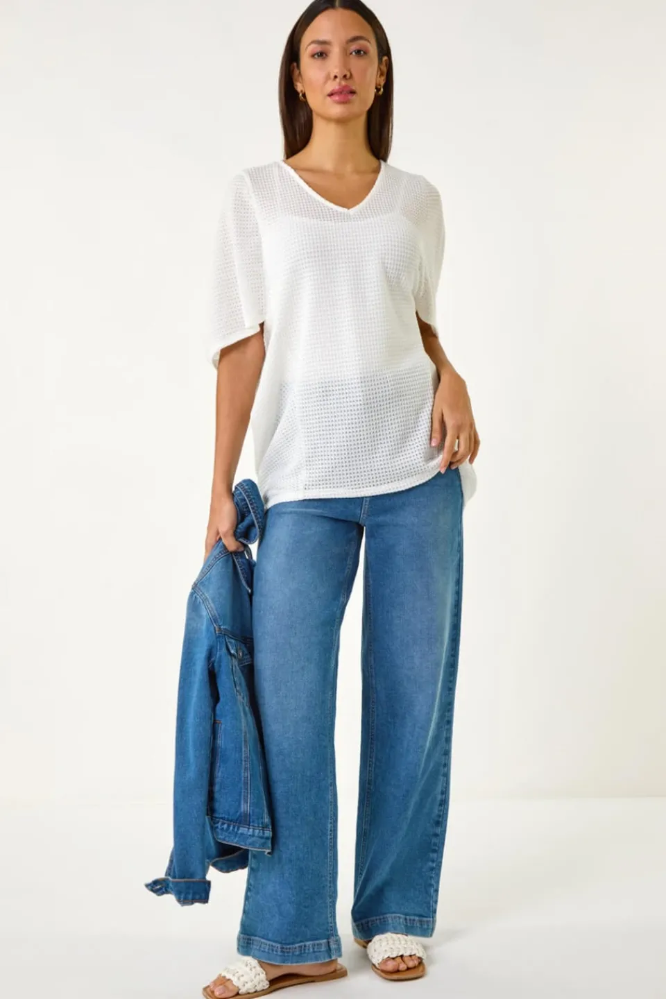 T-Shirts>Roman White Textured V-Neck Cocoon Stretch Top