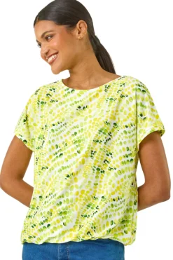 T-Shirts>Roman Yellow Abstract Print Bubble Hem Top