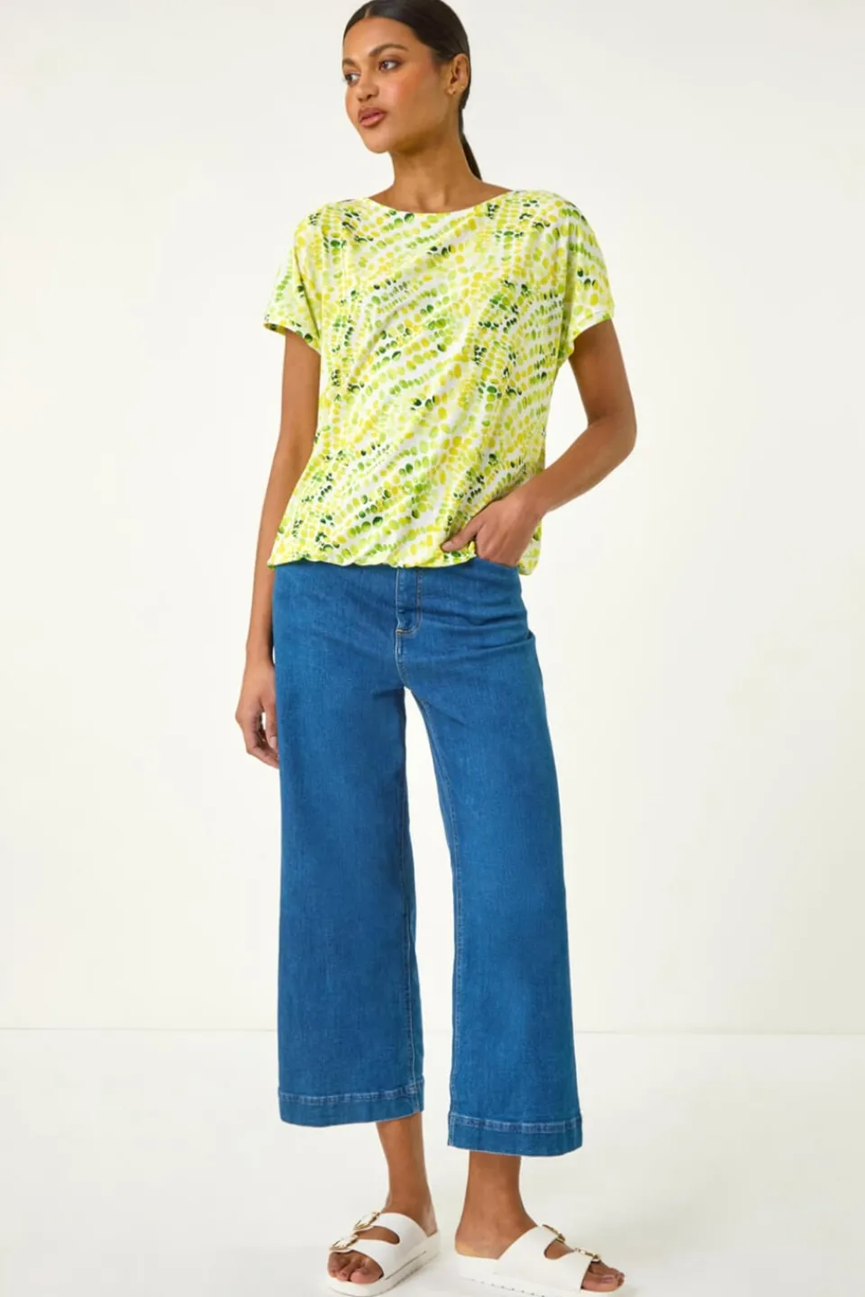 T-Shirts>Roman Yellow Abstract Print Bubble Hem Top