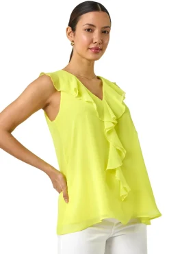 Tops>Roman Yellow Chiffon Ruffle Vest Top