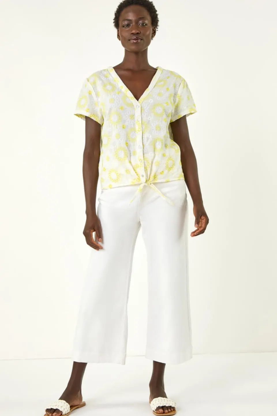 Tops>Roman Yellow Cotton Broidery Tie Front Blouse
