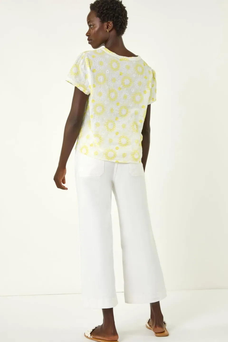 Tops>Roman Yellow Cotton Broidery Tie Front Blouse