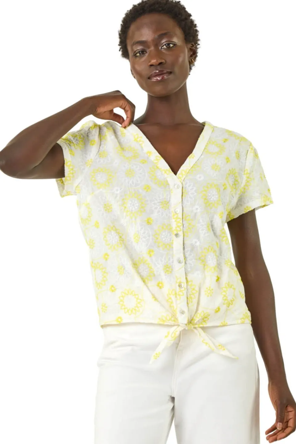 Tops>Roman Yellow Cotton Broidery Tie Front Blouse