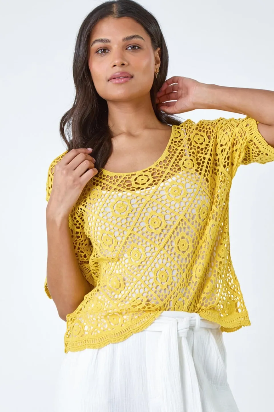 T-Shirts>Roman Yellow Cotton Crochet T-Shirt