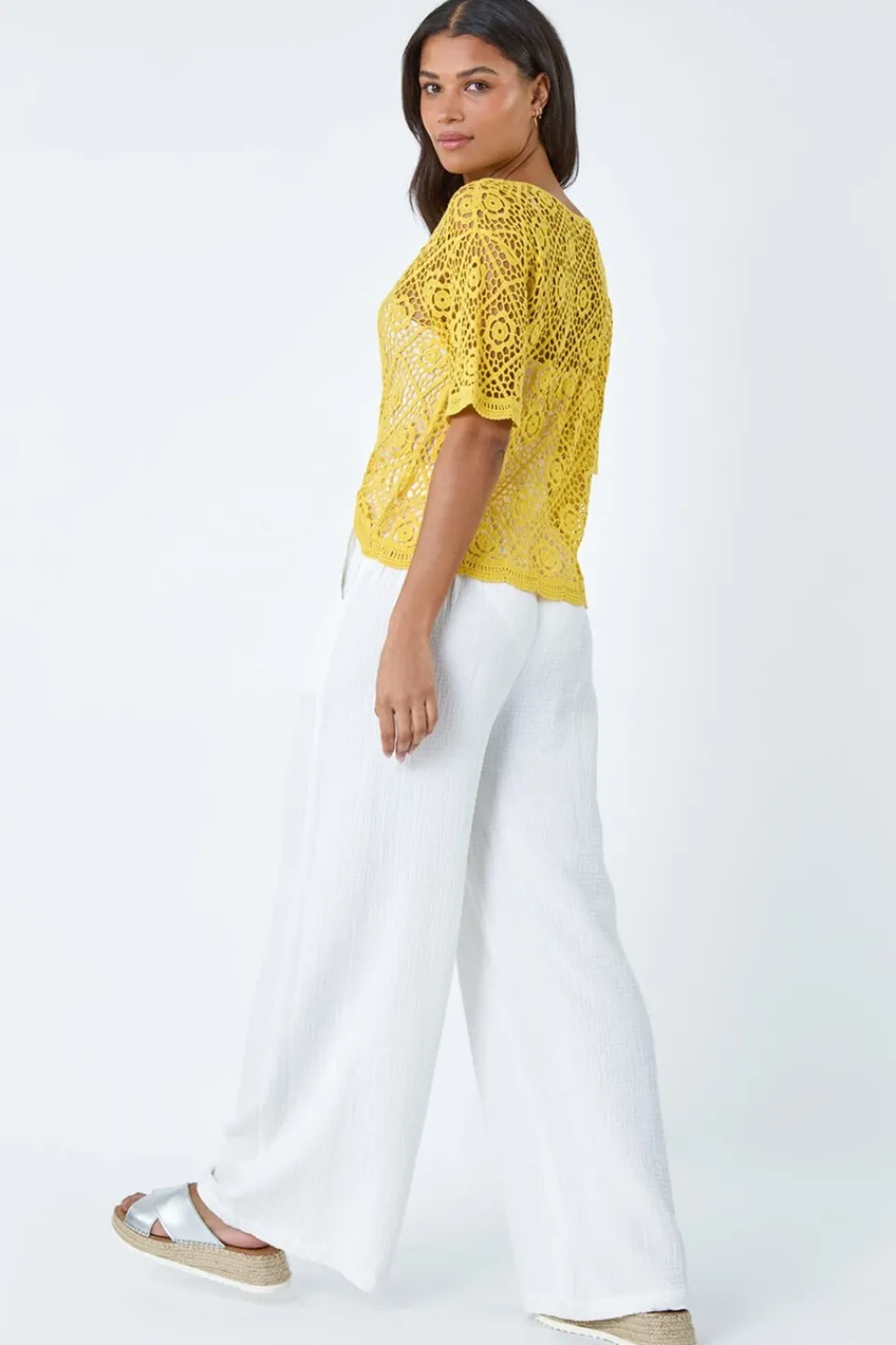 T-Shirts>Roman Yellow Cotton Crochet T-Shirt